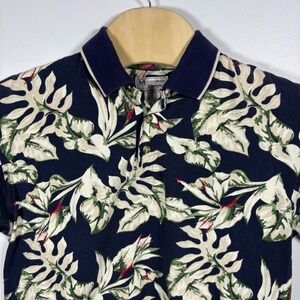 Munsingwear Mens Large Vintage  Tropical Floral Polo Shirt Navy Blue Cotton